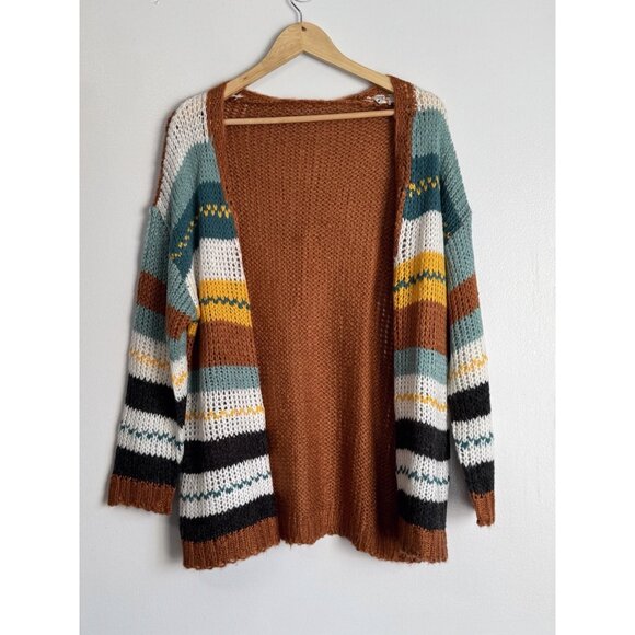 Boho Striped Open Front Knit Cardigan Sweater Women’s Size M Oversized Fall Cozy - Picture 2 of 8